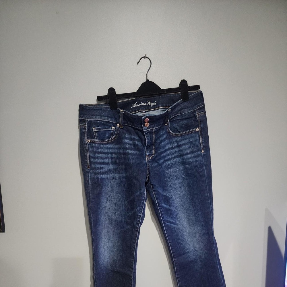 American Eagle Stretch Dark Wash Jeans Women 14 Double Button Denim Pants